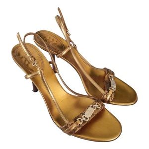 Gucci Gold GG Leather Open Toe Sandals heels size 6